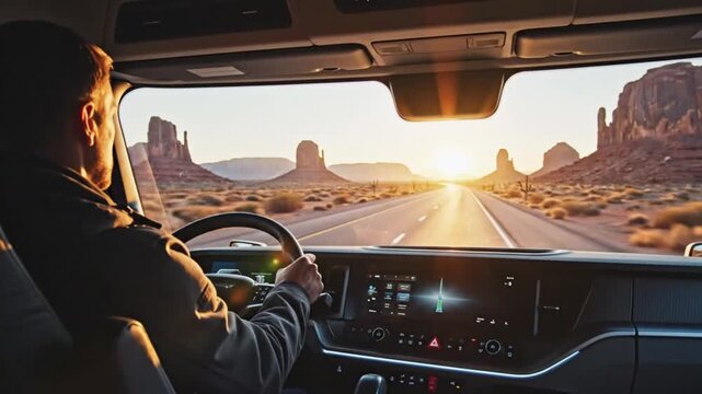 Man driving a modern vehicle on a highway through Monument Valley at sunset. Interior view of a driver on a scenic road trip in the American desert, logistics, large-tonnage transportation