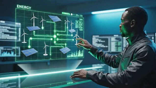 African American engineer managing a renewable energy smart grid on a holographic interface,interacting with a futuristic screen showing wind turbines and solar panels. Future sustainability concept - Powered by Adobe