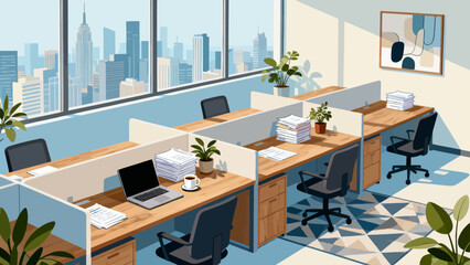 This modern, colorful illustration depicts an organized office workspace: a desk holds a computer, printer, and stationery, paired with an office chair, while a cabinet, professional interior.