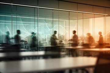 Silhouettes of people in a modern office meeting room with glass walls, overlaid with glowing blue data waves, creating a futuristic and collaborative atmosphere.