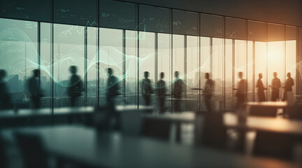 Silhouettes of business people standing in a modern office with digital data overlays and a cityscape view through large windows at sunset.