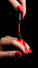 Red nail polish with a brush, showcasing glossy, well-manicured nails.