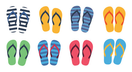 A vibrant collection of eight colorful pairs of summer flip-flops, featuring various designs and patterns, perfect for beach holidays and warm weather.