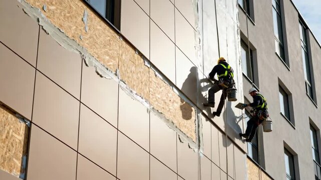 Specialists upgrade exterior cladding and add weatherproof layers to an urban building envelope boosting sustainability.