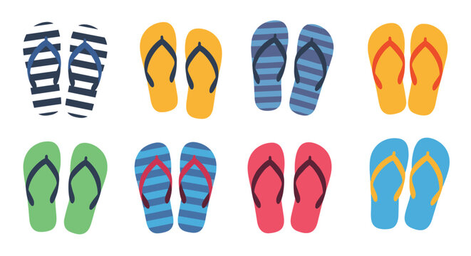 A vibrant collection of eight colorful pairs of summer flip-flops, featuring various designs and patterns, perfect for beach holidays and warm weather.