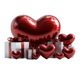 Collection of shiny red heart shaped balloons and gift boxes with ribbons isolated on transparent background