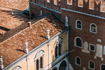 Aerial view of the rooftops in Verona, Italy, showcasing traditional architecture.