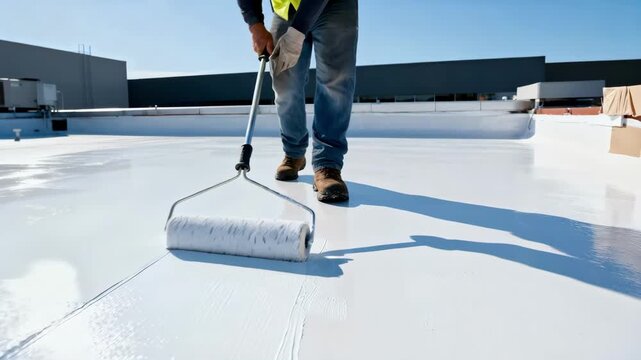 Technician applies white reflective roof coating with roller to enhance energy efficiency and reduce heat absorption on a flat commercial building roof in bright daylight.