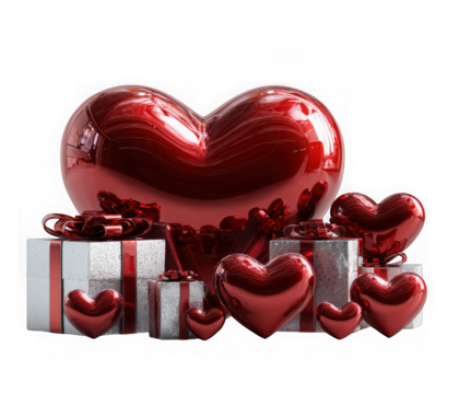 Collection of shiny red heart shaped balloons and gift boxes with ribbons isolated on transparent background