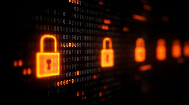 Digital Guardians: Illuminated locks float against a sea of binary code, representing a world of data security and privacy protection. The glowing ambiance hints at sophisticated encryption. - Powered by Adobe