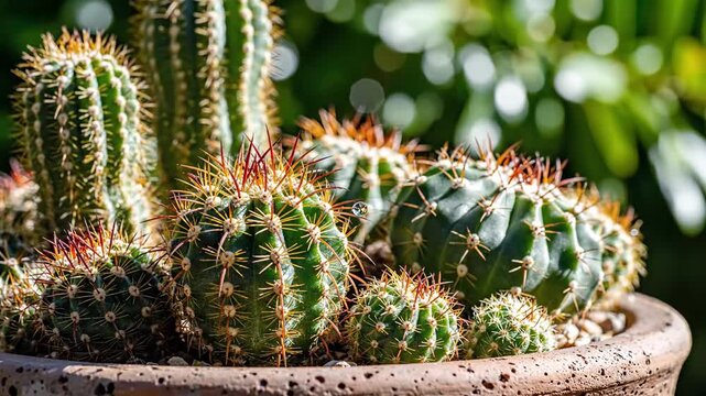 Group of succulent cactus plants growing in ceramic pot with green foliage background
