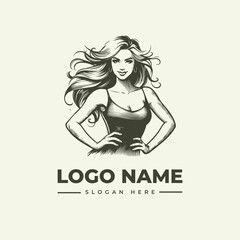 Glamour vector logo illustration engraving Elegant woman with flowing hair