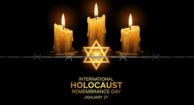 Three lit candles and a star of david symbolize remembrance and the holocaust memorial day
