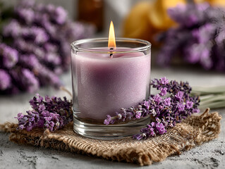 Burning aroma lavender candle in a glass, decorated with lavender flowers on table