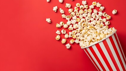 Spilled popcorn overflowing from a red and white striped bucket on a red background