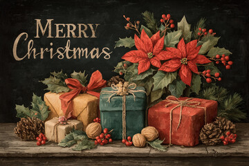 Świąteczna kompozycja z prezentami w klasycznych kolorach, gwiazdą betlejemską, ostrokrzewem, szyszkami i orzechami na drewnianym blacie. Napis "Merry Christmas".