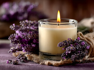 Burning aroma lavender candle in a glass, decorated with lavender flowers on table