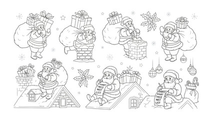 Obraz premium Santa's Christmas Preparations: A collection of delightful sketches showing Santa Claus preparing for the holidays, encompassing gift-laden sacks, chimney climbs, list-making, and rooftop planning.