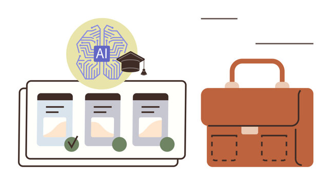 Brain labeled with AI, academic cap, documents with checkmarks, briefcase. Ideal for AI, education, technology, business automation professional training task management innovation. Simple flat