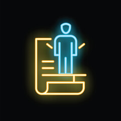 Neon icon of a candidate standing on top of a resume, demonstrating success in job searching