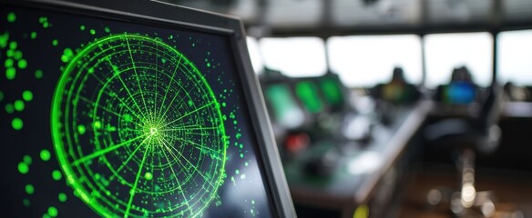 The Radar Screen in a Busy Control Room Tracking Aircraft and Monitoring Air Traffic