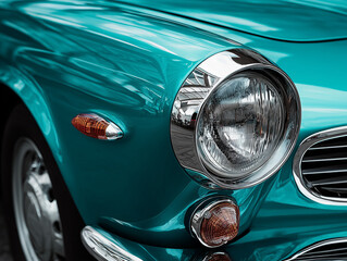 Detale przodu turkusowego, klasycznego samochodu sportowego. Okrągły, chromowany reflektor gł&oacute;wny i dwie bursztynowe lampy obrysowe.