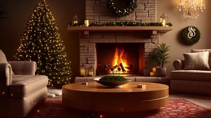 Warm cozy christmas living room with decorated trees fireplace and festive ambiance capturing - Powered by Adobe