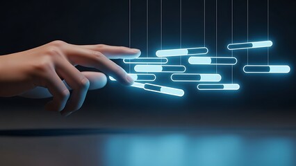 Hand interacts with a futuristic interface with loading bar elements.