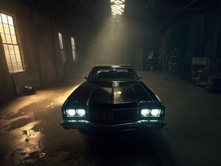 Mroczny kadr przedstawia klasyczny, czarny samochód w starym magazynie, oświetlony mocnym snopem światła z sufitu i jasnymi reflektorami.