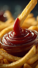 Chrupiący, złocisty frytek zanurzany w gęstym, soczystym keczupie w szklanej miseczce, otoczonej stosem apetycznych frytek.