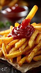 Pionowe kompozycje, każda z kupką chrupiących, złotych frytek hojnie oblanych ketchupem. Jedna frytka jest zanurzona lub trzymana w powietrzu.