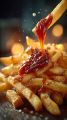 Złote frytki polane obficie gęstym, czerwonym ketchupem. Jedna frytka jest zanurzana. Tło jest ciemne, z ciepłymi, rozmyty światłami bokeh.