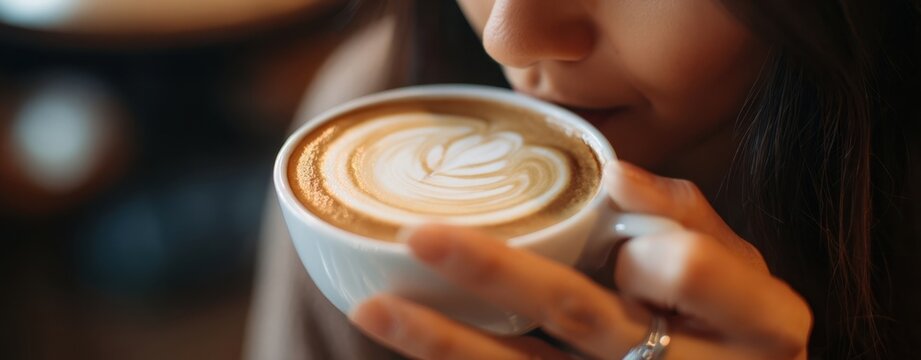 The woman holding a latte cup savoring warm coffee in a cozy cafe