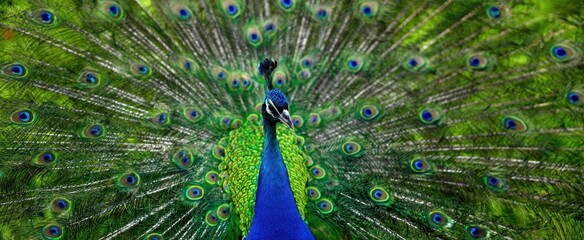 Naklejka premium The Peacock Displaying Vibrant Iridescent Plumage in a Majestic Fan for Courtship
