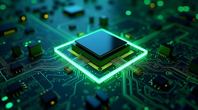 Futuristic green microchip glowing on advanced circuit board, high-tech semiconductor design, modern computing hardware, digital electronics and innovation background - Powered by Adobe
