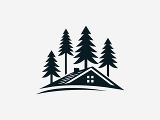 Obraz premium Pine Tree With Roof black vector logo illustration
