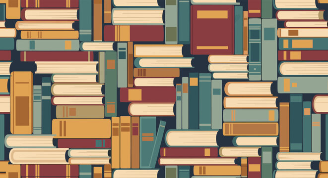 A colorful and eclectic collection of books, both stacked and standing, forms a seamless pattern, symbolizing knowledge, education, and literature.