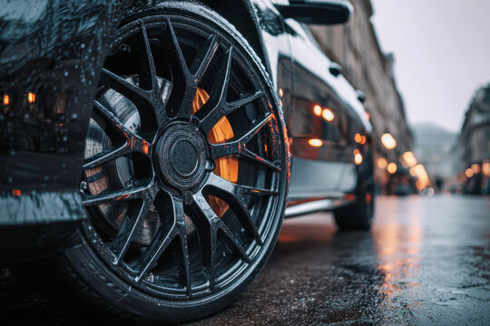 Black sleek car wheel with sporty rim and orange brake caliper on wet city street reflecting lights during overcast weather