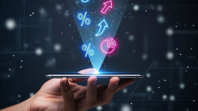 Hand holding smartphone displaying financial data and growth icons. - Powered by Adobe