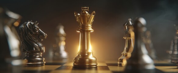 The Golden King Chess Piece Bathed in Light on a Dramatic Chessboard of Strategy