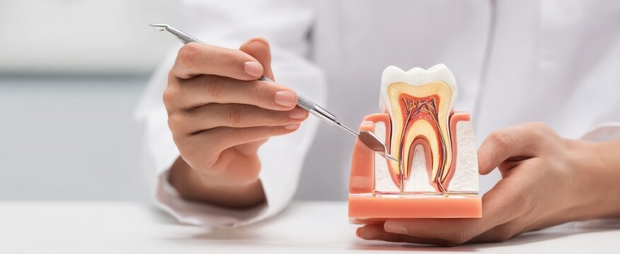 The tooth model held by dental professional demonstrating root canal anatomy and treatment
