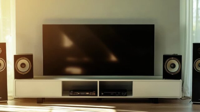 Video Flat screen TV sitting on top of a white entertainment center