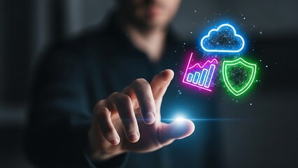 Person touching cloud computing, security, and business growth icons.