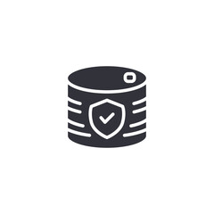 Database with shield checkmark. Secure database icon showing verified safety, firewall protection, and trusted encrypted data source.