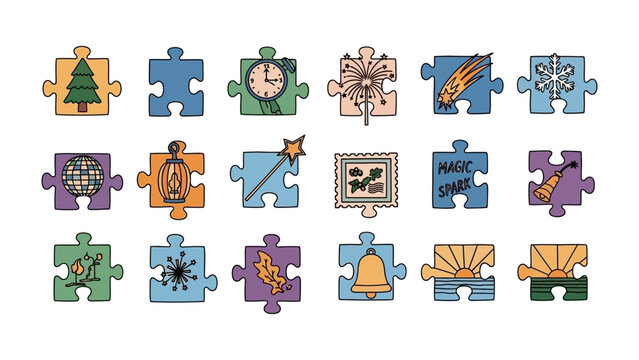Puzzle of Imagination: a collection of unique puzzle pieces. Featuring various hand-drawn illustrations that spark curiosity and creativity. The image evokes a sense of whimsical fantasy. 