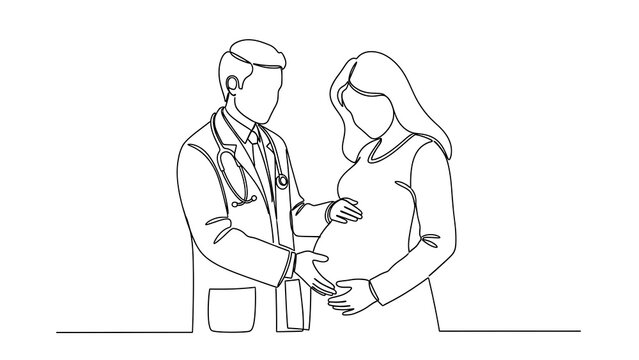 One line art continuous line drawing illustrating a doctor gently examining the pregnant belly of a woman during a prenatal checkup, isolated on white background
