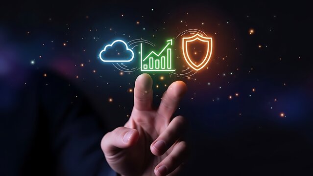 Cloud computing, data analytics, security technology with hand.
