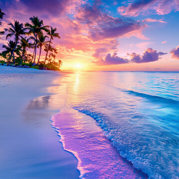 A tropical beach with palm trees and pink sand, where the shimmering water glows softly in a dreamy video scene.