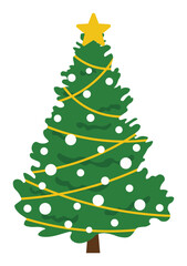 Obraz premium Christmas tree illustration in festive flat style, decorated holiday pine with star topper and simple ornaments for greeting cards, stickers, packaging and winter themed design projects.