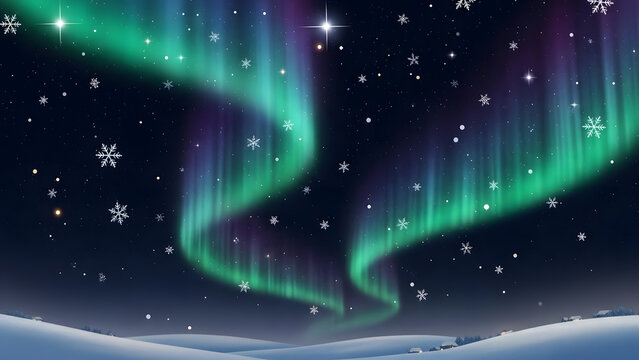 Beautiful aurora borealis landscape with snowflakes and snow drifts background